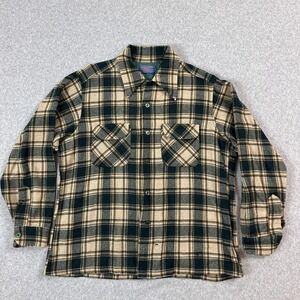 Vtg 60s 70s Pendleton Board Shirt Large Green Loop Collar Western Plaid Wool